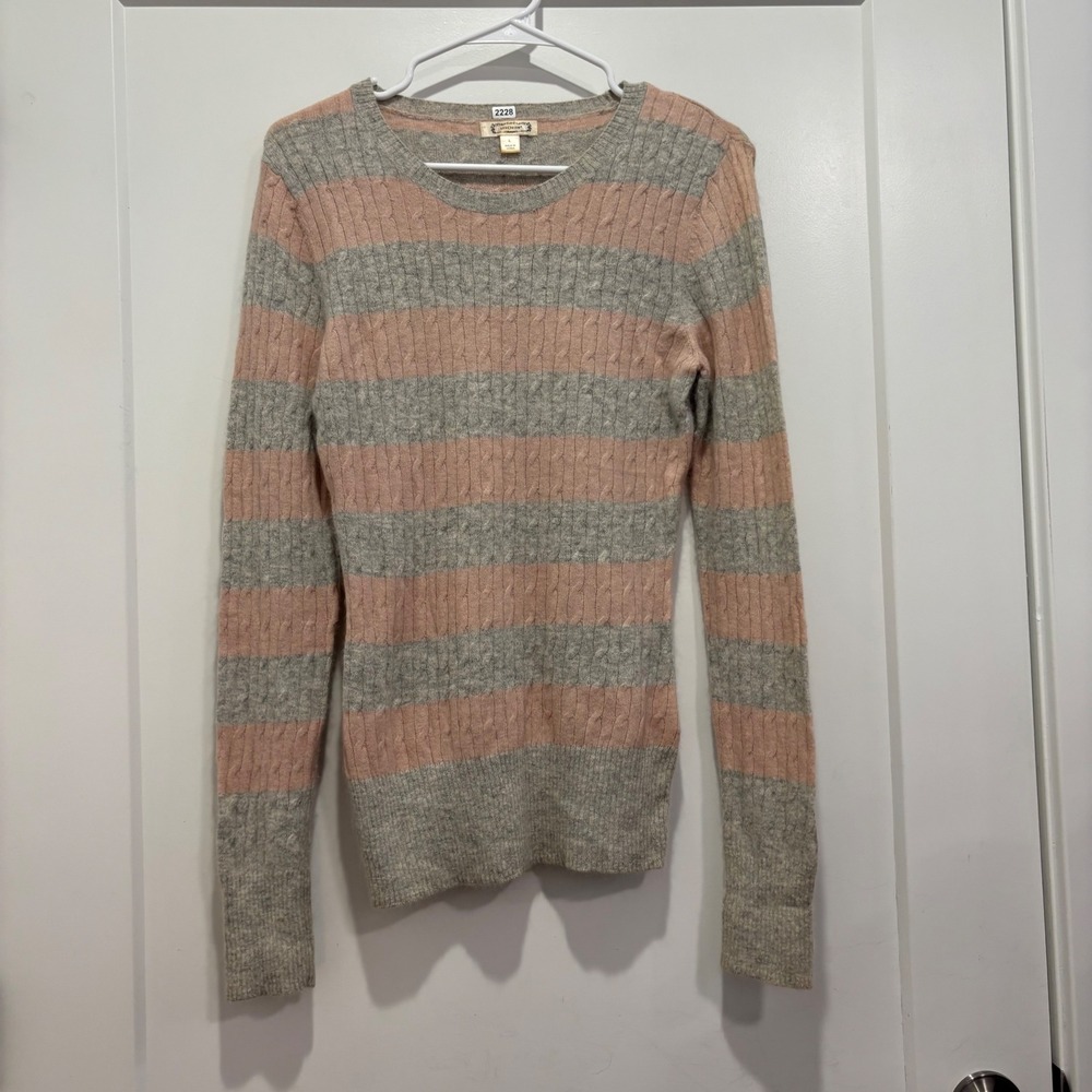 Aphorism Pink Grey Striped Angora Lambswool Cable Knit Sweater Crewneck Large